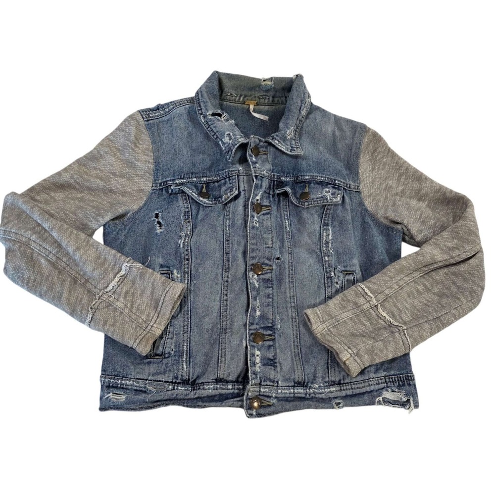Free People Denim Jacket‎ Mixed Media Distressed Blue Grey Size M Grunge Preppy